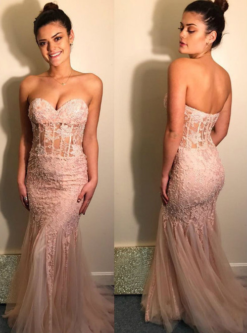Modern Sheer Bodice Mermaid Prom Dress Pearls Appliques Sweetheart Party Gowns