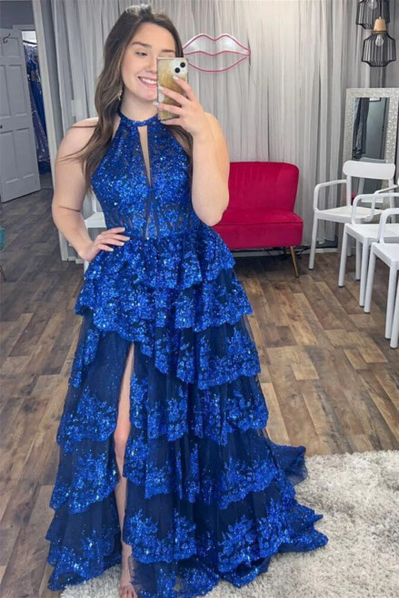 Blue Lace Halter Tiers Prom Dress