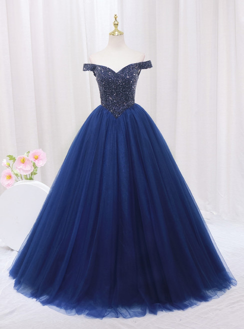 Navy Blue Tulle Off the Shoulder Beading Prom Dress