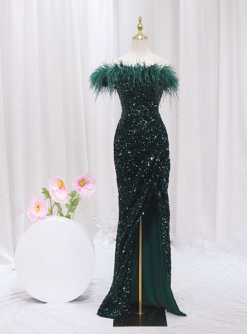 Green Mermaid Sequins One Shoulder Feather Prom Dress