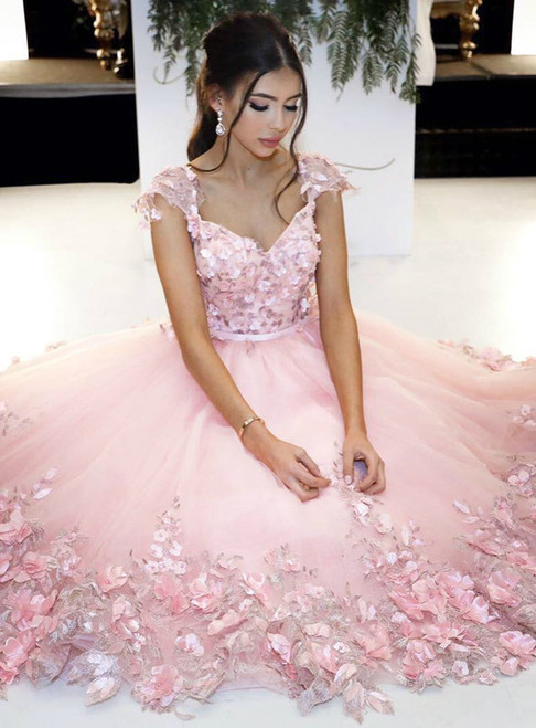 Baby Pink Flowers Prom Dress, V neck Cap Sleeves Cute Floral Gowns