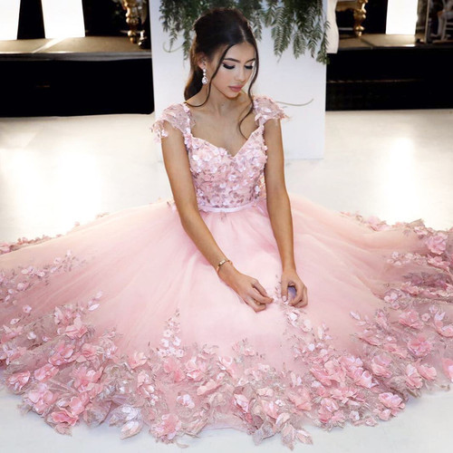 Baby Pink Flowers Prom Dress, V neck Cap Sleeves Cute Floral Gowns