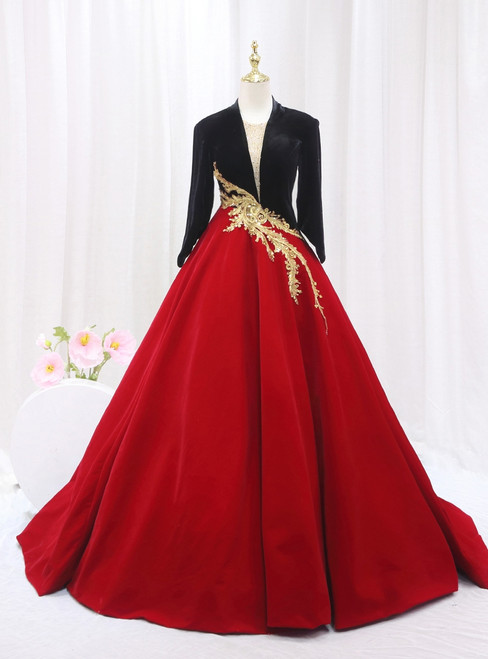 Burgundy Black Velvet Long Sleeve Beading Prom Dress