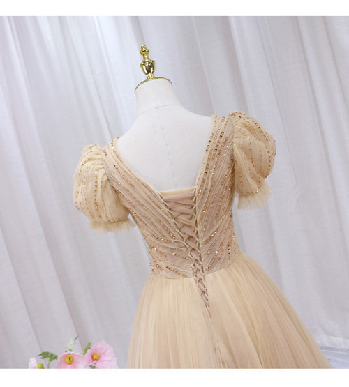 V Neck Layers Champagne Tulle Beading A Line Prom Dress