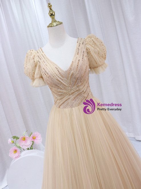 Beading Tulle V-neck Champagne Long Prom Dress