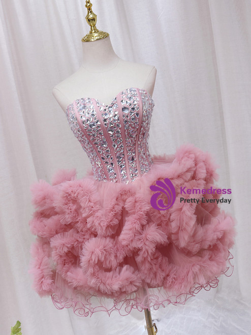 Pink Tulle Sweetheart Straps Knee Length Party Dress, Pink Tulle Homecoming Dress