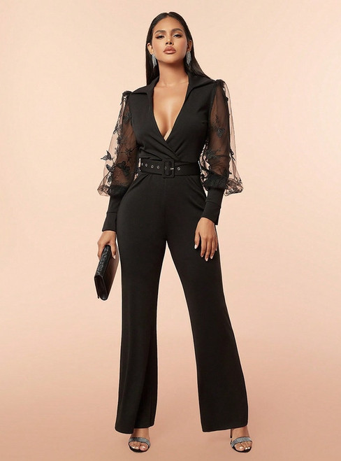 V-Neck Mesh Stitching Long Sleeve Jumpsuit