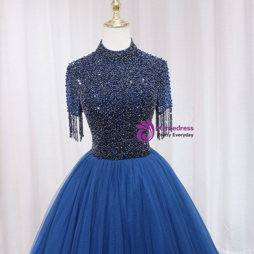 Dark Blue Beading Tulle Prom Dress Dress Long Party Dress Bridal Dress,DP620