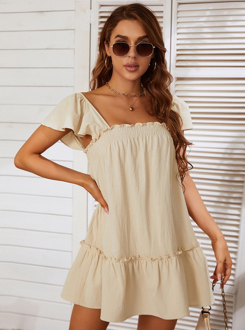 Ruffled Square Neck Flying Sleeves Dress