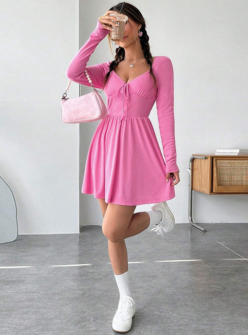 Pink Long Sleeved V-neck Dress