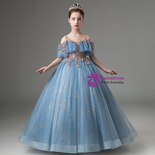 Scoop Pleated Knee-Length Girl's Dress Royal Blue main image 0