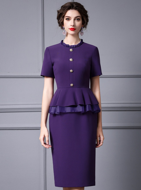 Purple Short Sleeve Button Mother Of The Bride Dress