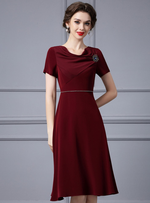 A-line Burgundy Short Sleeve Pleats Mother Of The Bride Dress