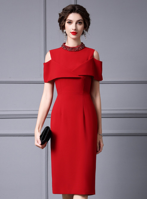 Red Short Sleeve High Neck Beading Mother Of The Bride Dress