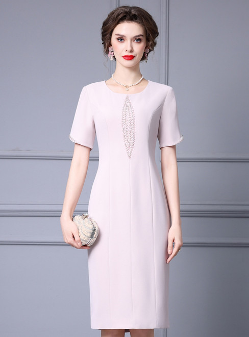 Light Pink Short Sleeve Beading Mother Of The Bride Dress