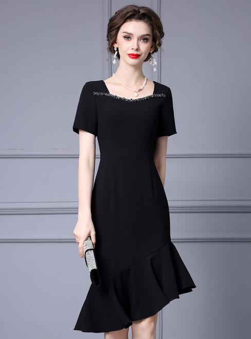 Black Short Sleeve Square Neck Beading Mother Of The Bride Dress