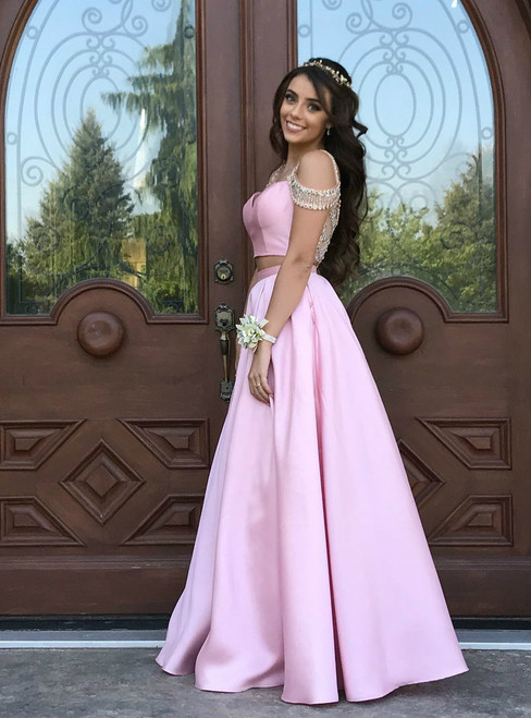 2017 Sexy Pink Satin Prom Dresses Long A Line Short Sleeve 2 Piece