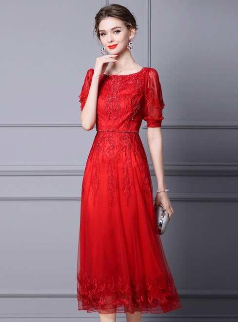 Red Tulle Short Sleeve Beading Mother Of The Bride Dress