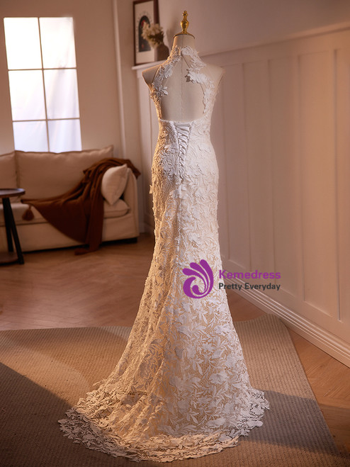 White Mermaid Lace High Neck Backless Wedding Dress