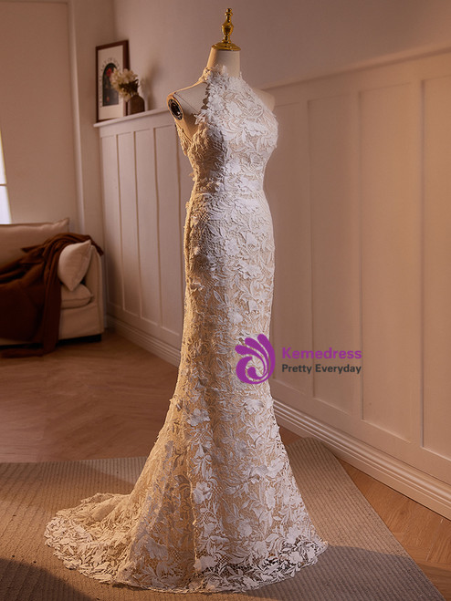 Sexy Round Neck Embroidered Long Sleeve white Wedding Dress Backless Mermaid main image 0