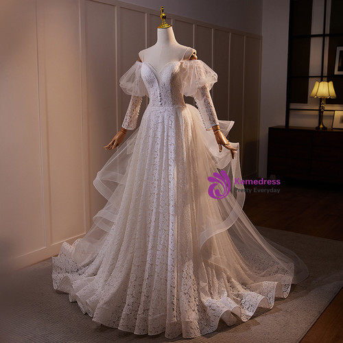 Classy Strapless White Tulle Lace Appliques Long Wedding Dress Formal Bridal Dress