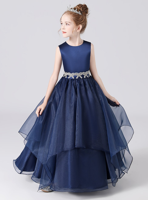 Navy Blue Satin Scoop Neck Flower Girl Dress