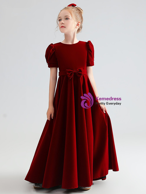 Burgundy Velvet Flower Girl Dress with Embroidered Skirt
