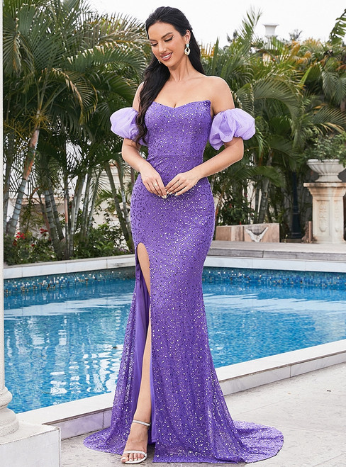 In Stock:Ship in 48 Hours Purple Strapless Sequins Party Dress