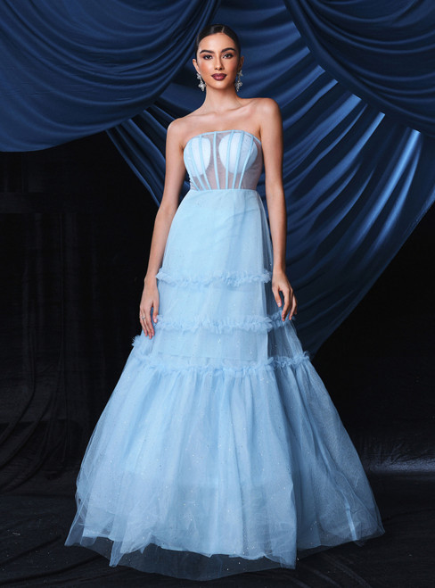 In Stock:Ship in 48 Hours Blue Tulle Strapless Party Dress