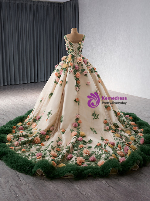 Plus Size Champagne 3D Flowers Tulle Slit Prom Dress