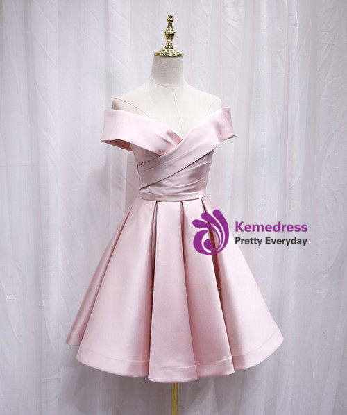 Pink Off Shoulder A-Line Satin Homecoming Dresses Short Party Dresses, DP5747