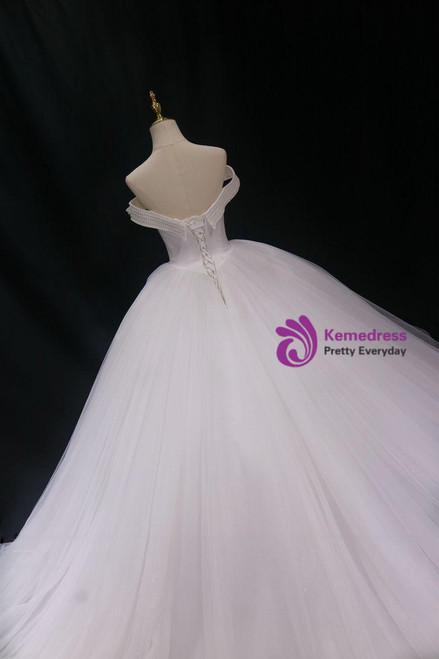 White Ball Gown Tulle Off the Shoulder Long Sleeve Beading Wedding Dress main image 0