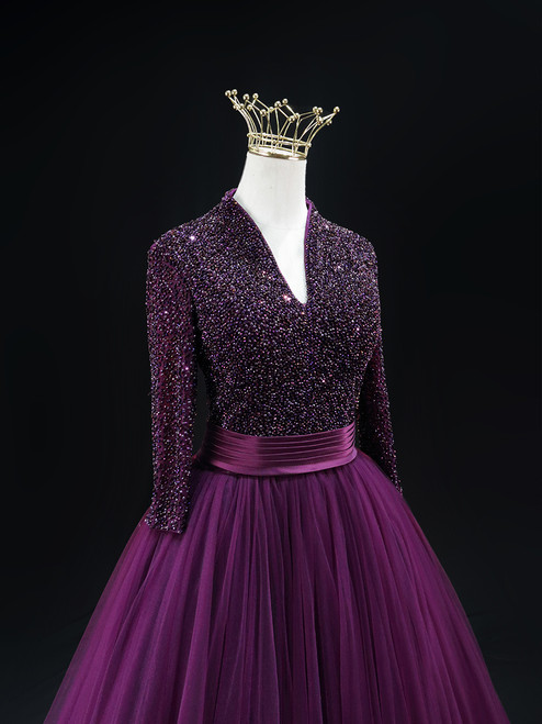 Gorgeous Purple V Neck Satin Pleated Beaded Long Party Dress Birthday Prom Dress SP2073