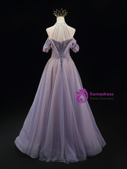 A Line Dark Blue Tulle Prom Dress with Pleats LBQ1154 main image 1