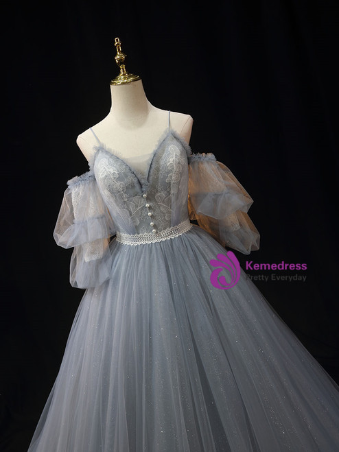 Gray Blue Straps Lace Tulle Popular Modest Prom Dress