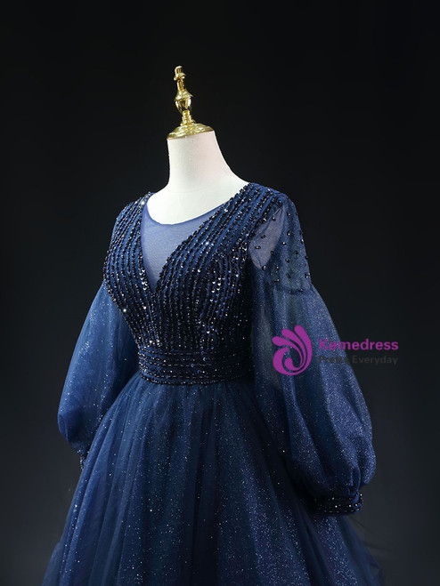 Newest A-line Beading Top Navy Blue Chiffon Homecoming Dresses, HD0520