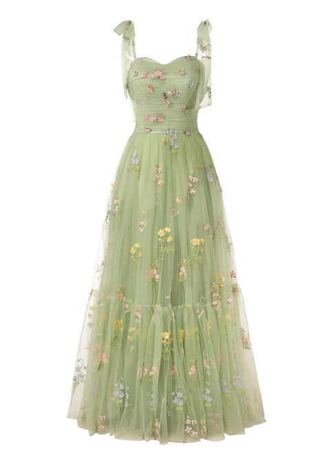 Green tulle prom dress with embroidery lace straps and sweetheart neckline front view