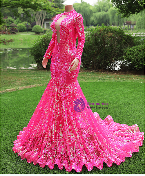 Hot Pink Mermaid Sequins Prom Dresses V-Neck Trumpet Long Prom Evening Dress Customized Size Y1284 main image 1