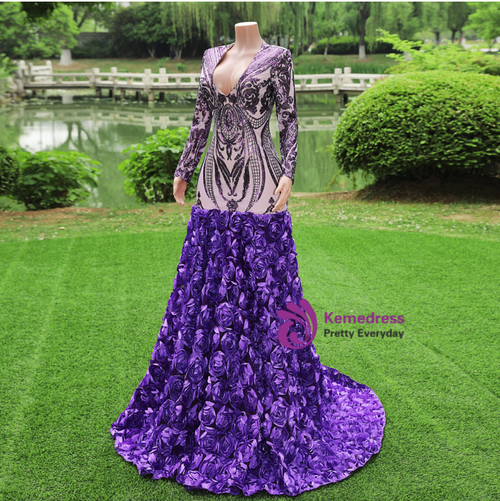 Plus Size Long Sleeve Green Sequin 3D Roses Mermaid Prom Dress