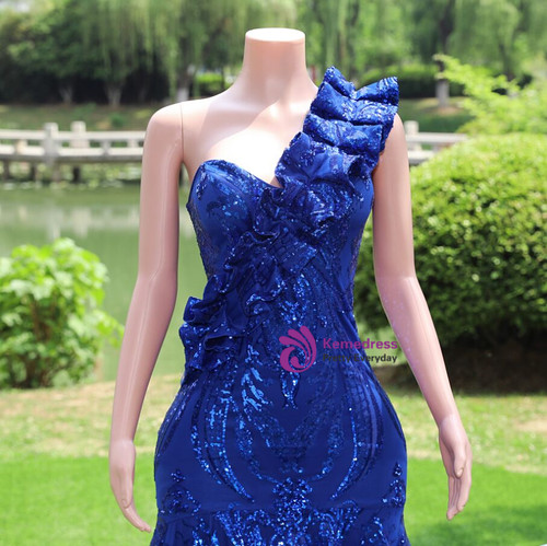 Fashionable Long Royal Blue Mermaid One Shoulder Sequined Sleeveless Prom Dress