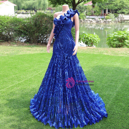Royal Blue One-Shoulder Sweetheart Mermaid Prom Dress with Sequins main image 0