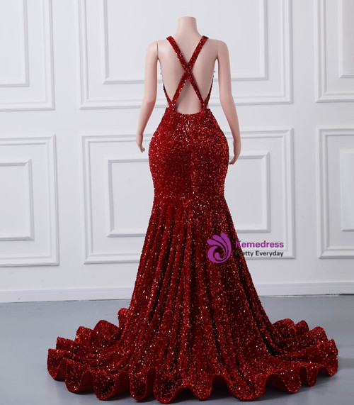 14035 Burgundy Batwing Sleeves Sequins Mermaid Dress