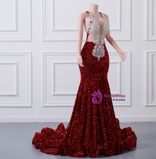 18053 Burgundy Feather Detail Sequins Mermaid Dress