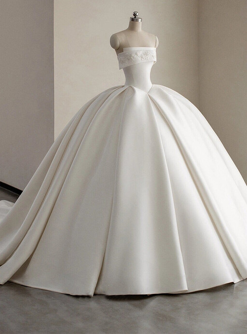 Strapless white satin ball gown wedding dress with embroidered bodice front view