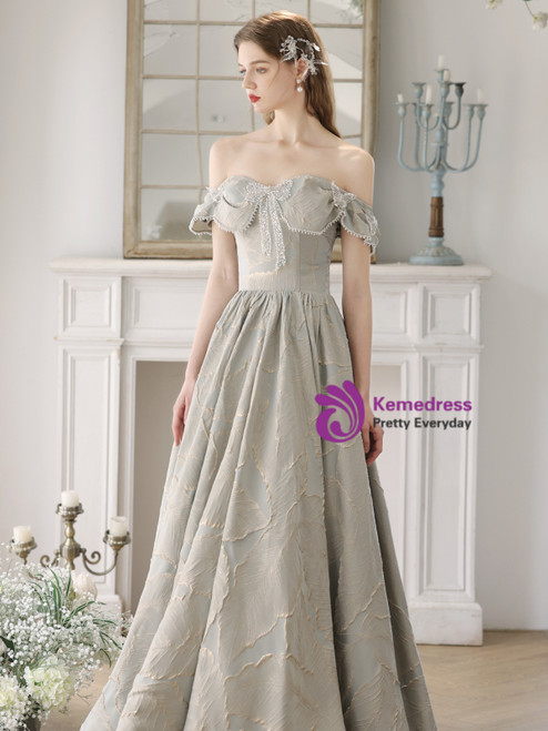 Elegant Green Off-Shoulder Long Sleeve Prom Dress with Exquisite Beading Details main image 1