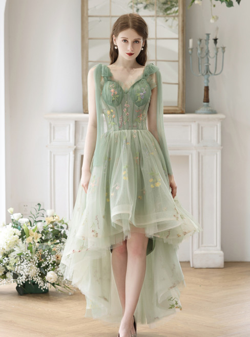 Green Tulle Hi Lo Embroidery Prom Dress