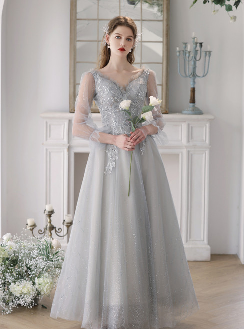 Silver Gray Tulle Long Sleeve Beading Prom Dress