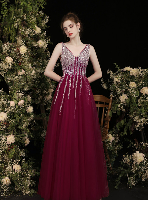 Burgundy Tulle V-neck Beading Sequins Prom Dress