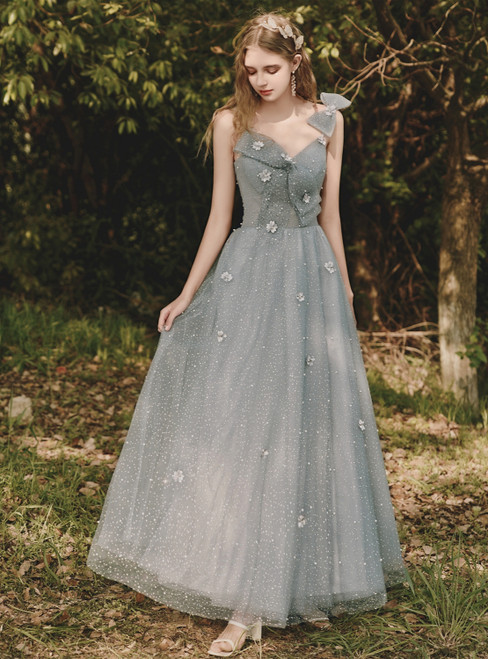 Gray Tulle Spaghetti Straps Beading Bow Prom Dress