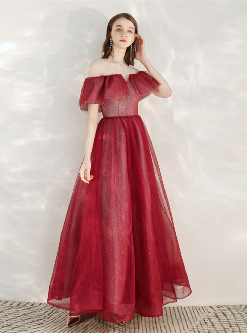 Simple Burgundy Tulle Sequins Off the Shoulder prom Dress